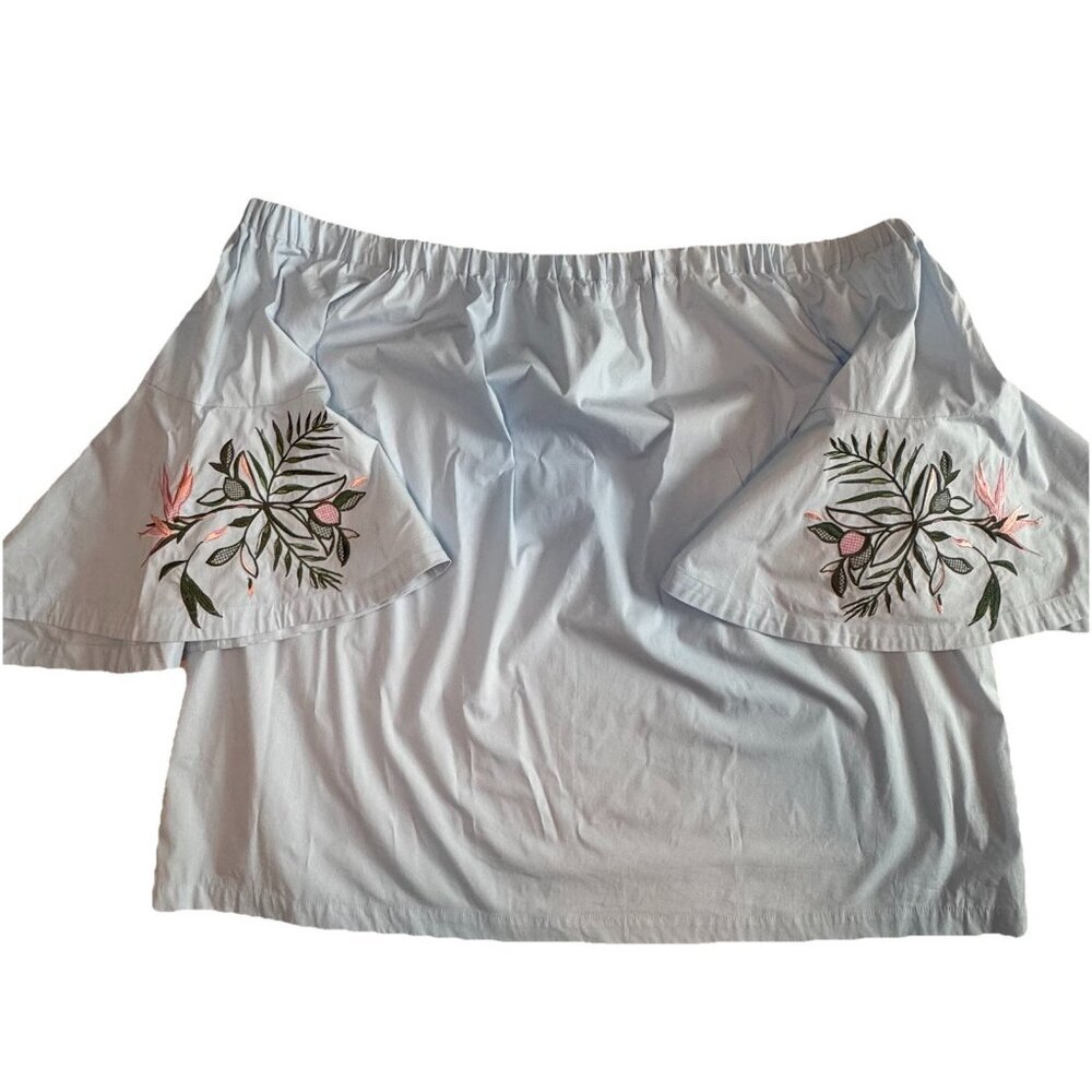 NEW Lane Bryant Top 26/28 Off the Shoulder Embroidered Sleeve Floral‎ Light Blue